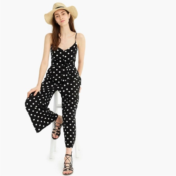 J. Crew Black And White Polka Dot Wide Leg Jumpsuit Size 8T Soft Flowy Comfy - Picture 1 of 9
